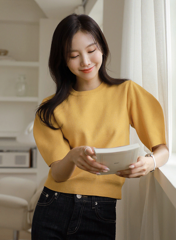 韓國純色泡泡短袖針織衫