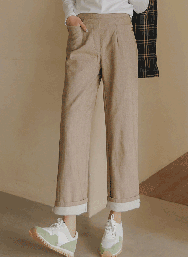 韓國鈕釦裝飾後鬆緊腰寬褲