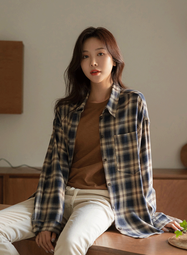 韓國磨毛格紋寬鬆襯衫