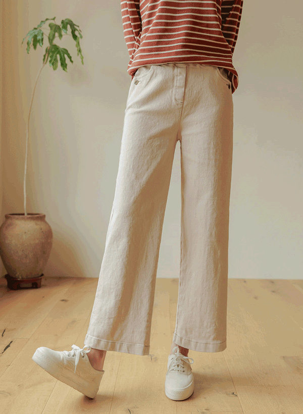 韓國前側鈕釦裝飾鬆緊腰寬褲