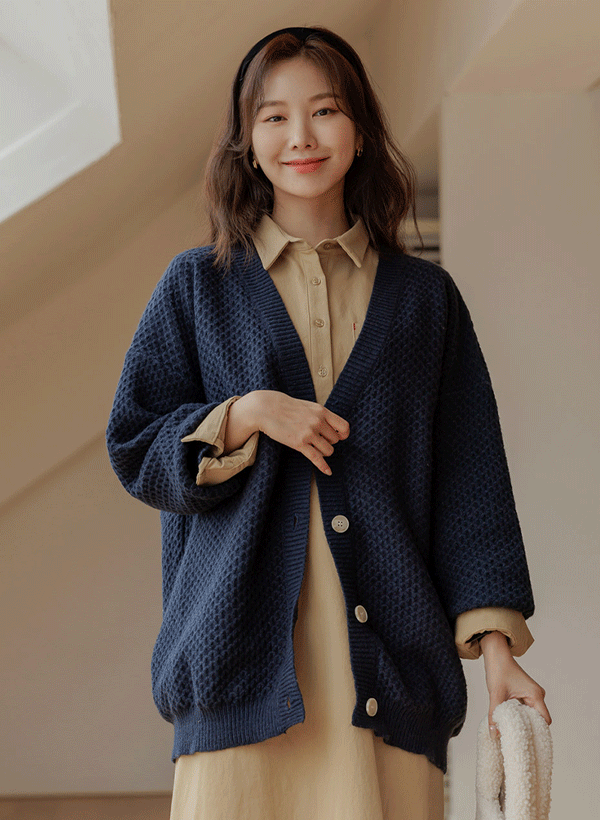 韓國V領蜂巢紋針織外套