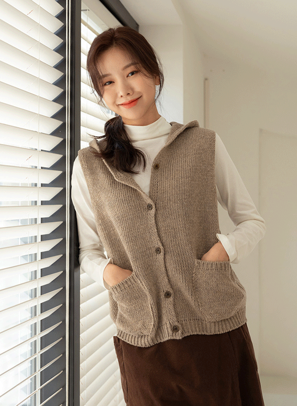 韓國連帽羊毛混紡針織背心
