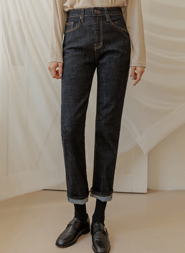 韓國配色縫線錐形牛仔褲
