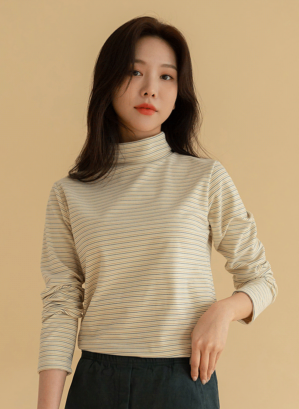 韓國中高領條紋刷毛T恤