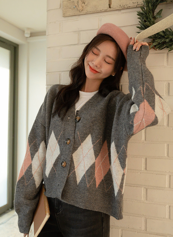 韓國菱格紋V領排釦針織外套