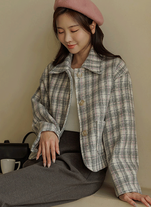 韓國格紋絎縫內裡短版大衣
