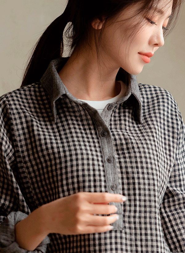 韓國格紋半排釦寬鬆襯衫