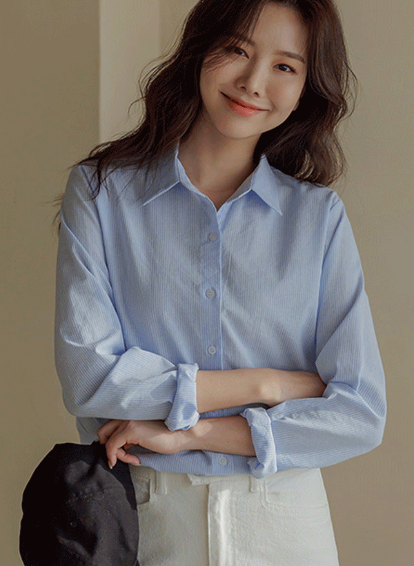 韓國條紋棉混紡襯衫