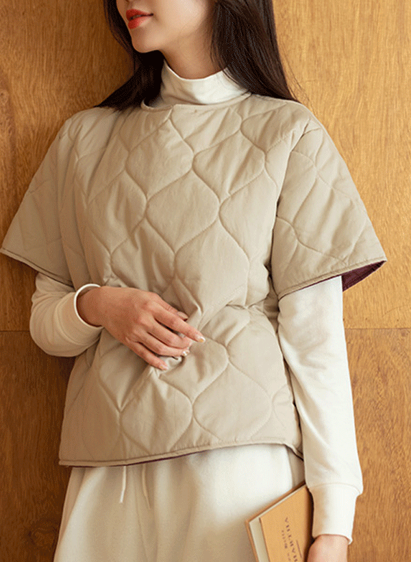 韓國弧形絎縫保暖短袖上衣