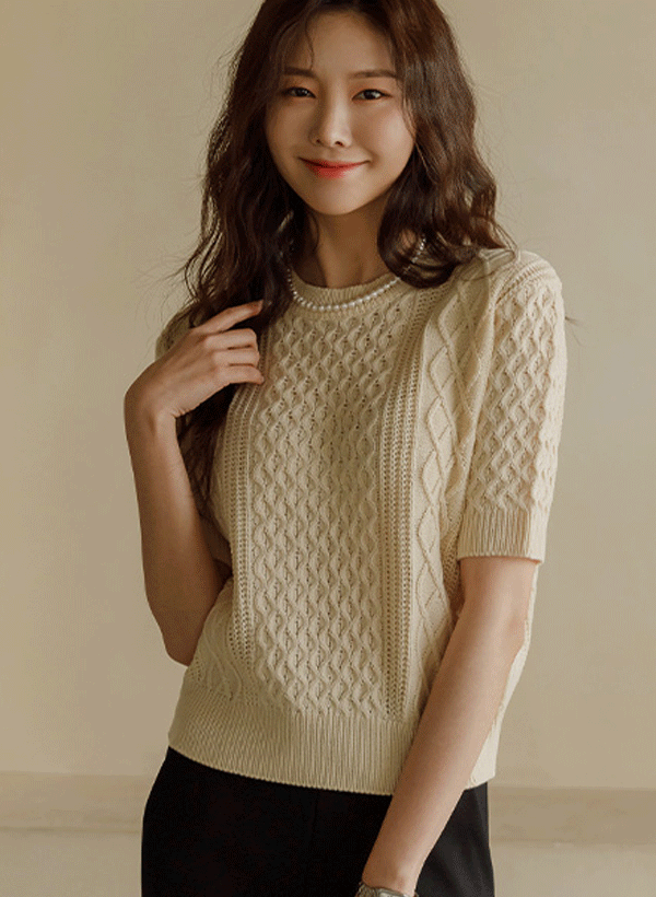 韓國混合織紋短袖針織上衣