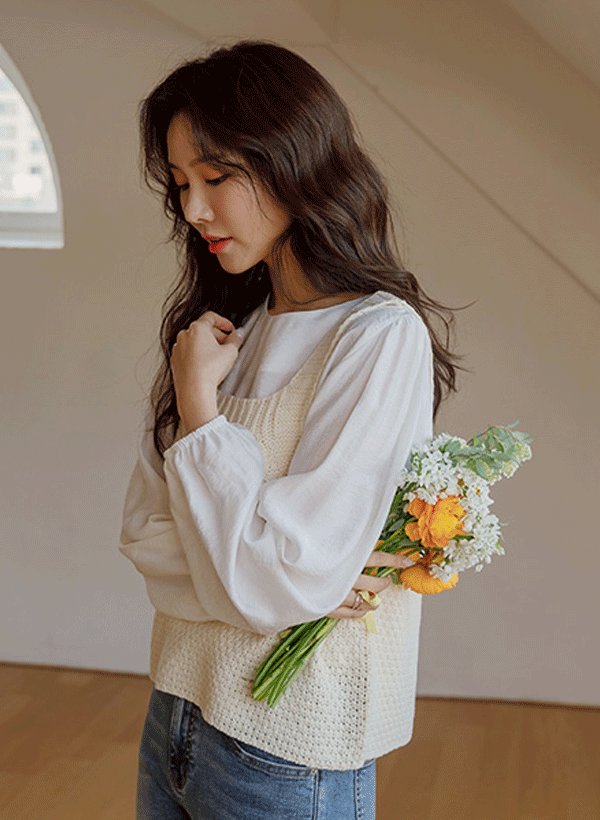 韓國針織背心公主袖上衣套裝
