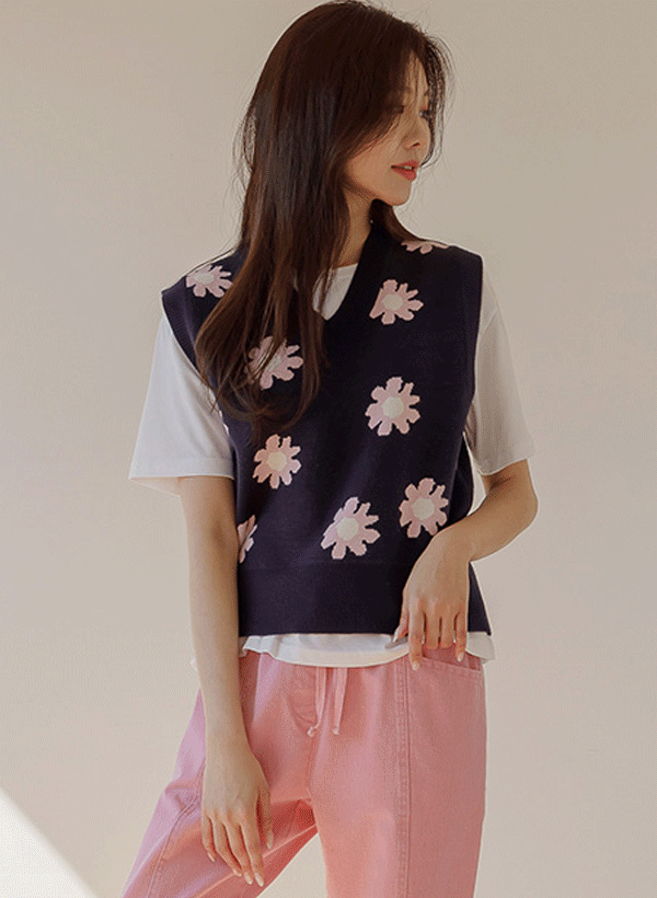 韓國花朵V領針織背心