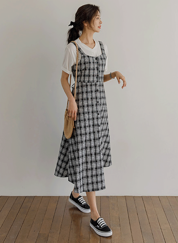 韓國格紋排釦背心洋裝
