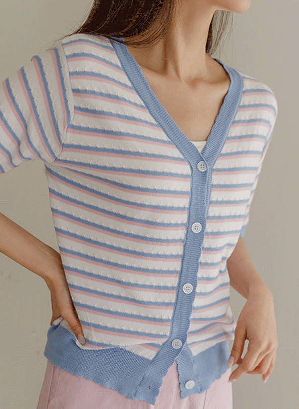韓國V領條紋排釦針織外套