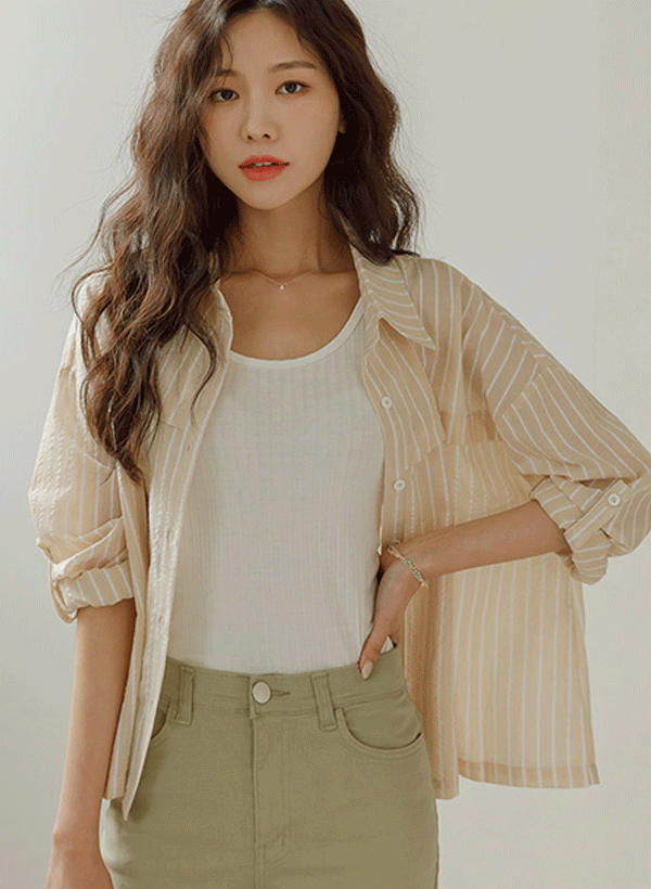 韓國簡約直條紋棉質襯衫