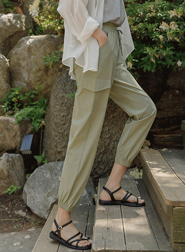 韓國腰部抽繩純色縮口褲