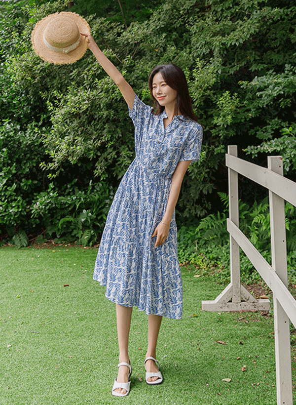 韓國葉子圖騰縮腰洋裝