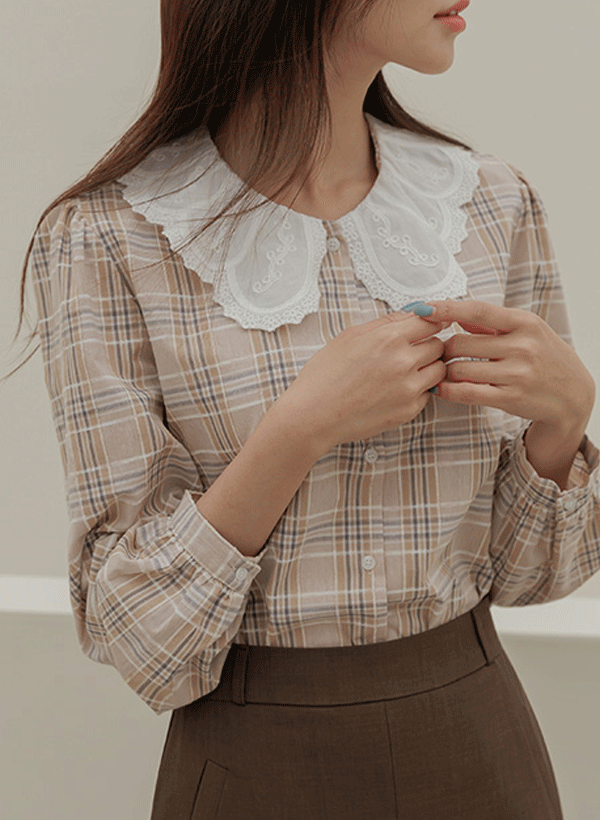 韓國布蕾絲領子格紋襯衫