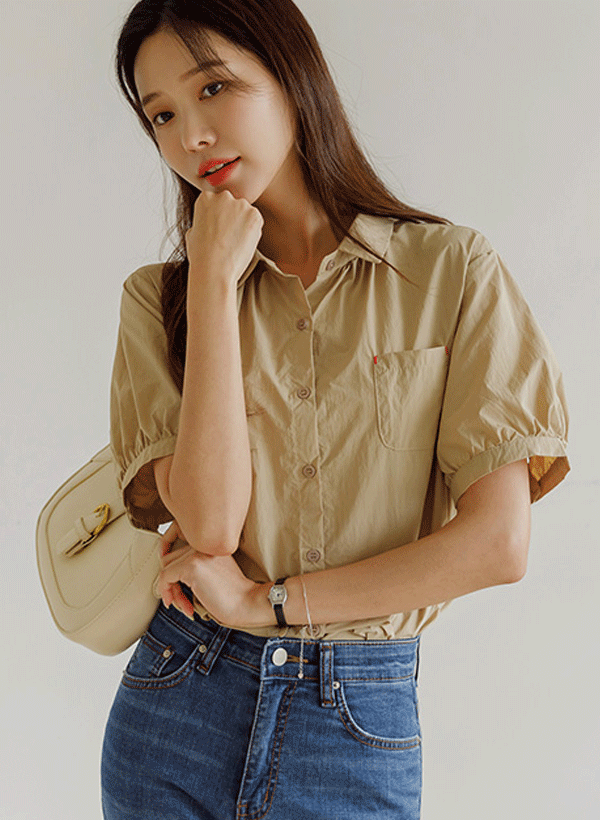 韓國公主袖配色車線口袋襯衫