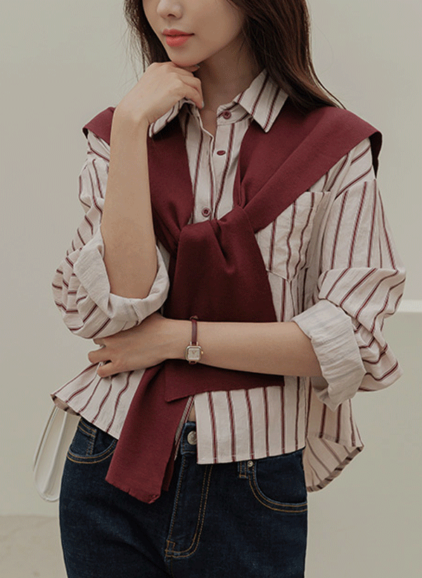 韓國條紋襯衫與披肩套組