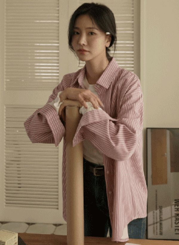 韓國蜜桃絨條紋襯衫