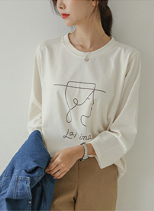 韓國藝術風人像畫九分袖T恤