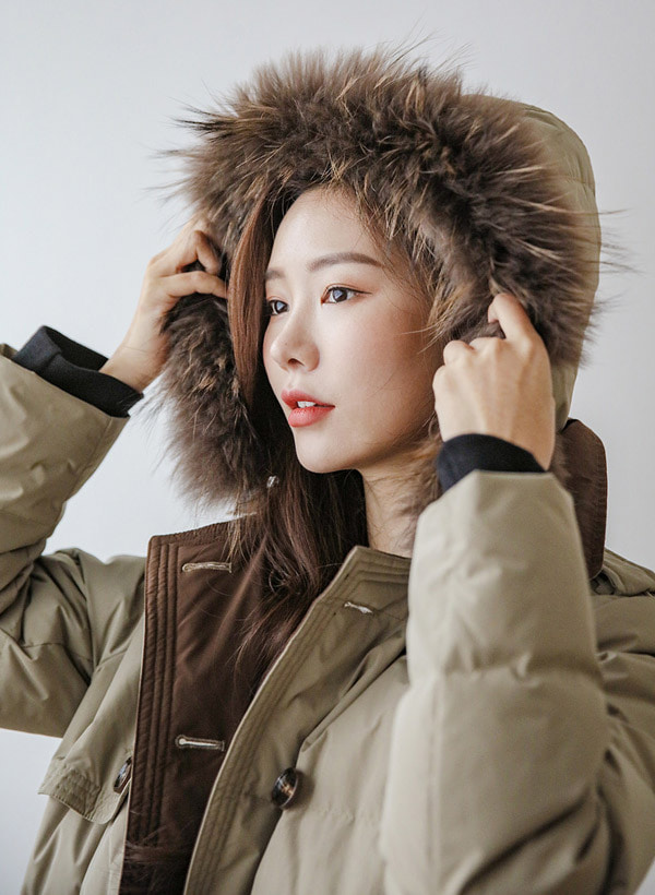 韓國雙排釦浣熊毛連帽羽絨外套