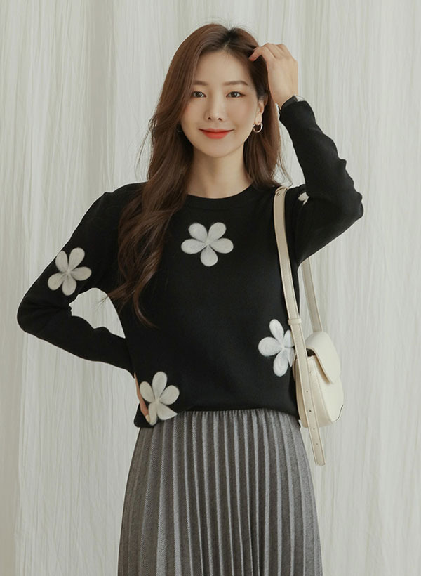 韓國花朵圖案混羊毛針織上衣