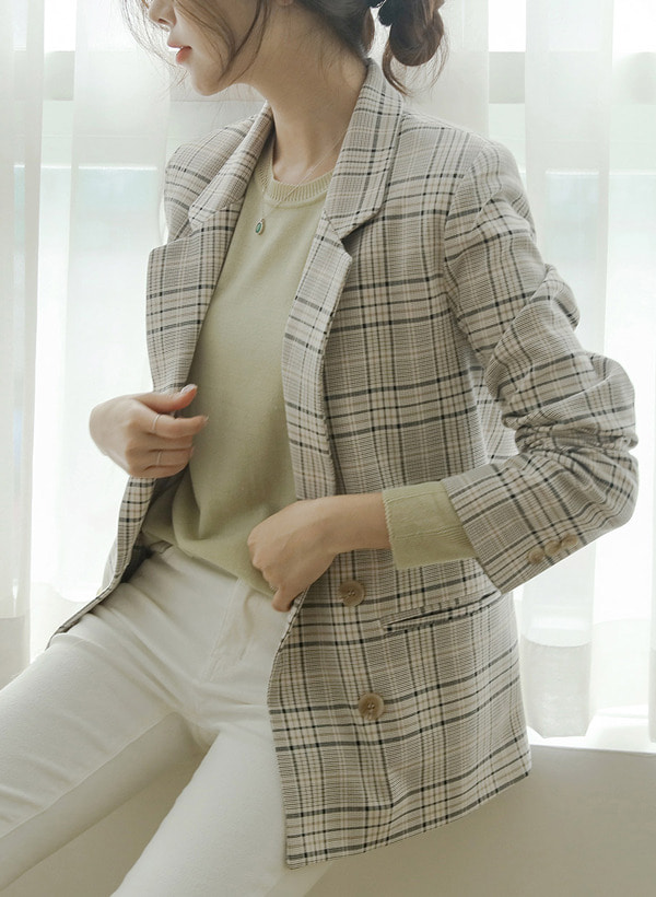 韓國都會OL風雙排釦格紋西裝外套