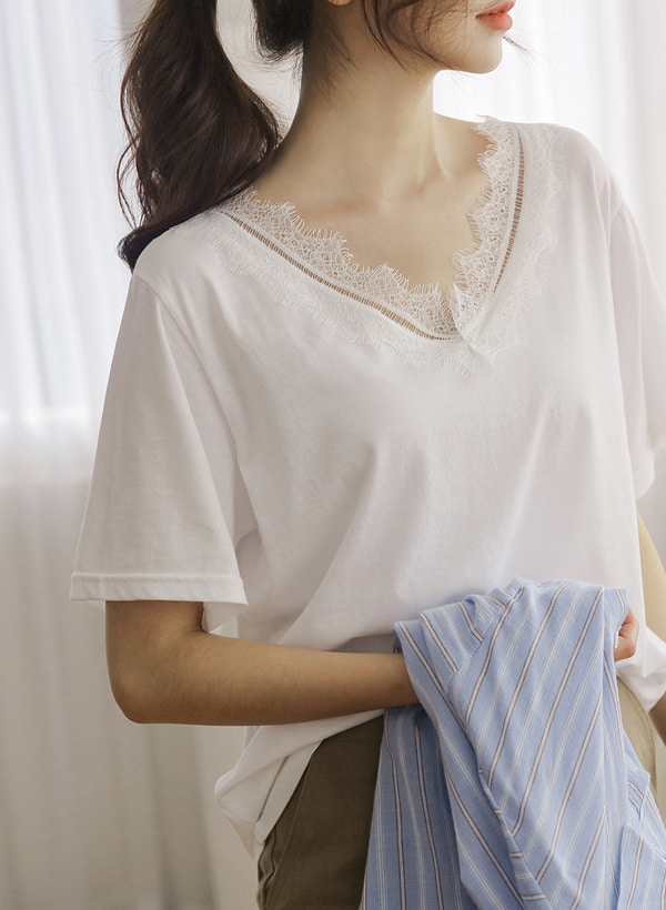 韓國睫毛蕾絲裝飾單色短袖T恤
