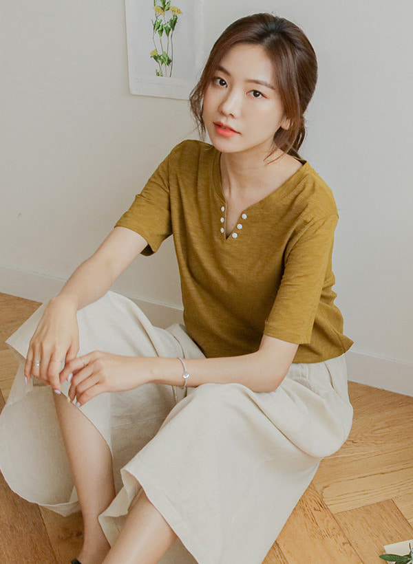 韓國迷你釦裝飾竹節棉短袖T恤