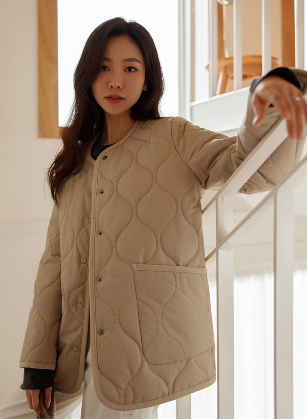 韓國波紋絎縫雙口袋鋪棉外套