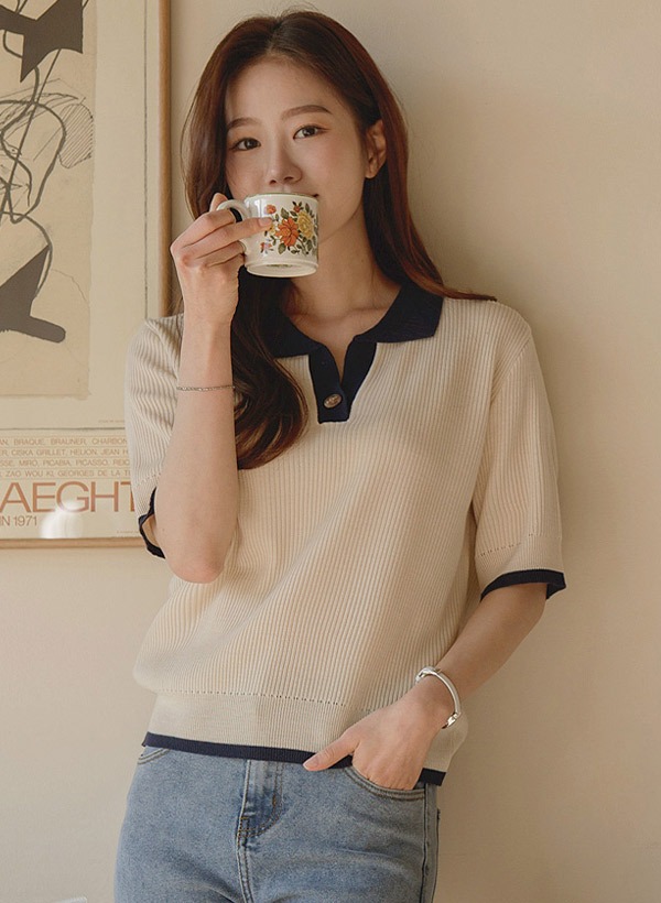 韓國配色領袖單釦短袖針織衫