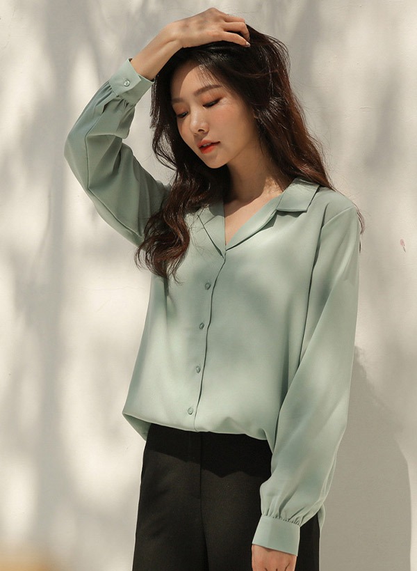 韓國西裝領泡泡袖排釦上衣