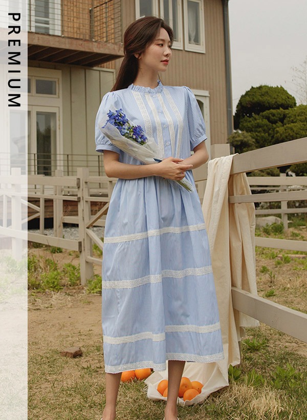 韓國[只在這裡]蕾絲裝飾荷葉邊直條紋洋裝