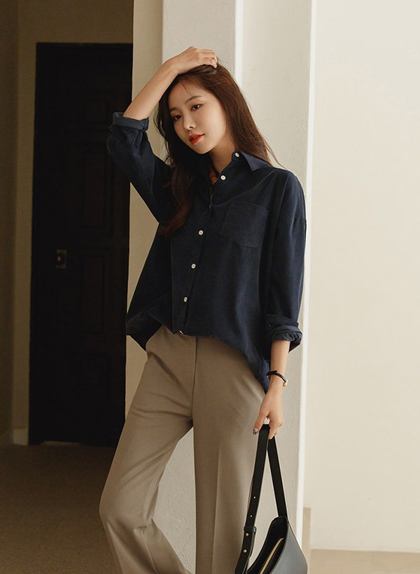 韓國多色款燈芯絨單口袋襯衫