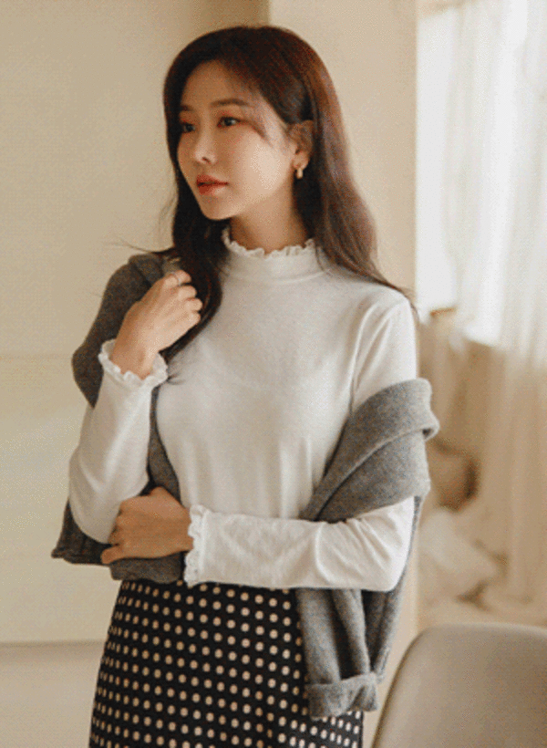 韓國蕾絲綴邊立領弧形襬T恤