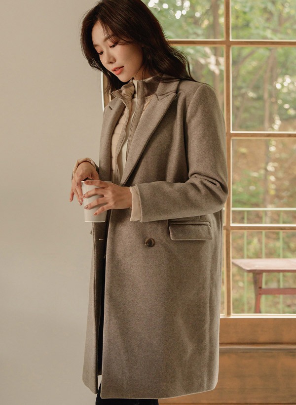 韓國羊毛混紡雙排釦後開衩大衣