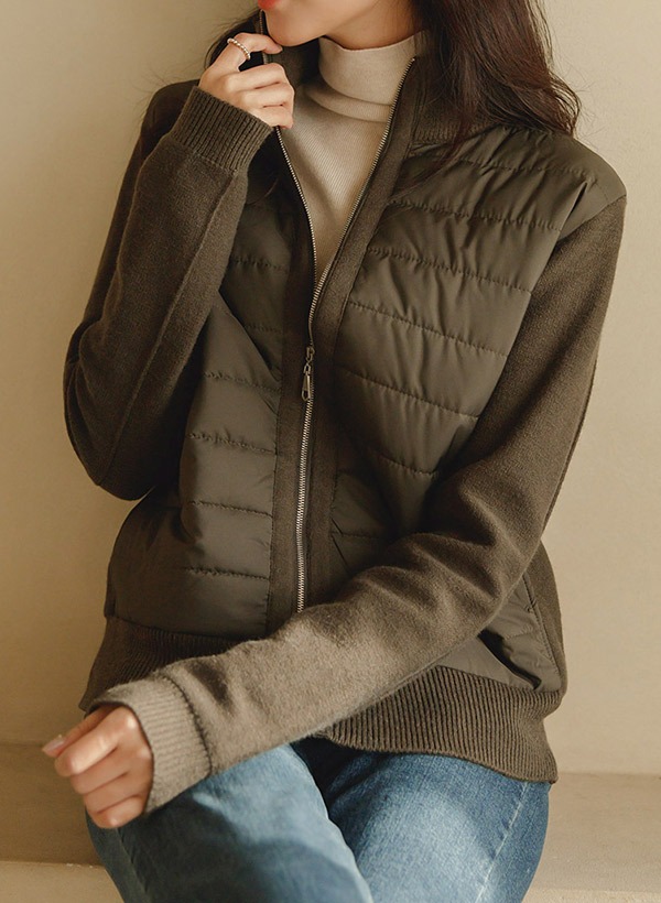 韓國拼接絎縫高領拉鍊針織外套