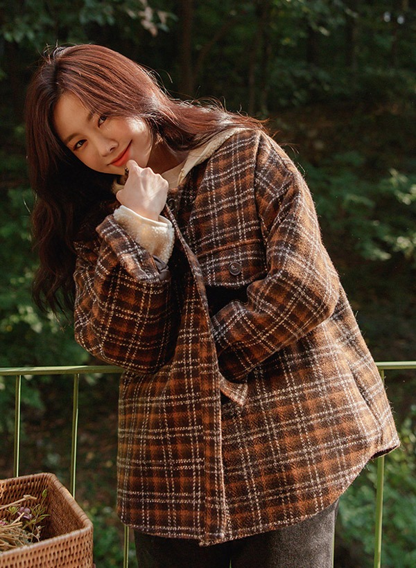 韓國混羊毛格紋圓領排釦外套