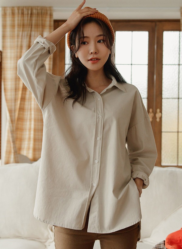 韓國磨毛純色寬鬆不對稱襬襯衫