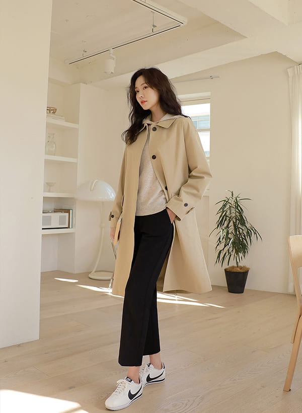 韓國暗釦設計釦帶袖風衣外套