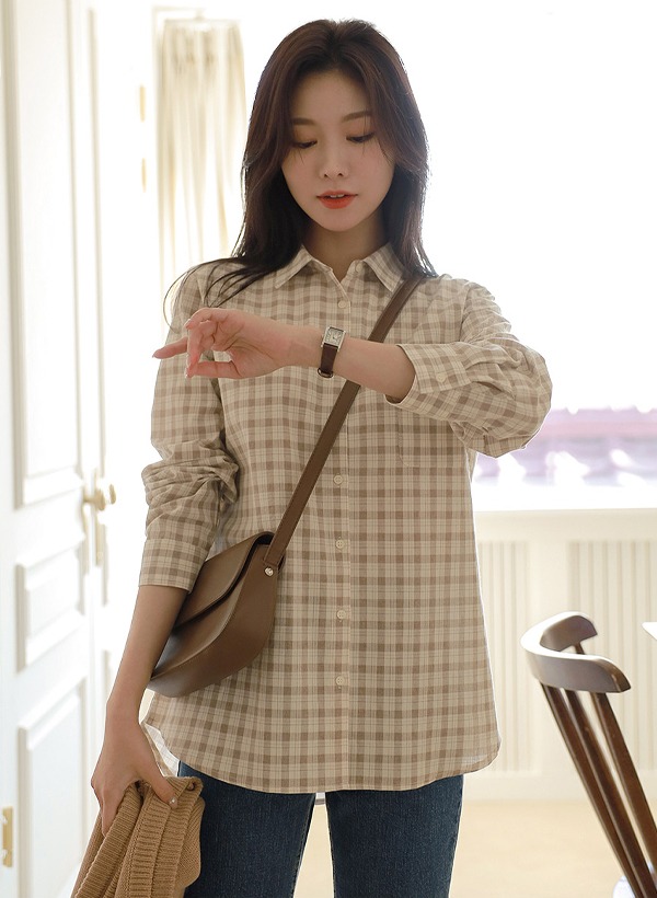 韓國舒適純棉單口袋格紋襯衫