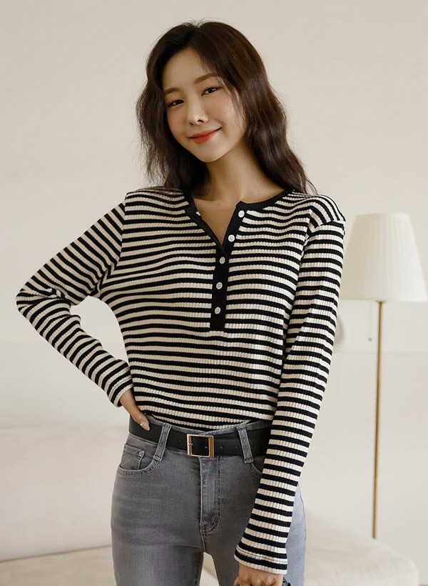 韓國配色半排釦彈力條紋T恤