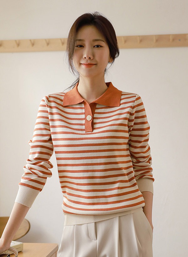 韓國單釦翻領條紋針織衫