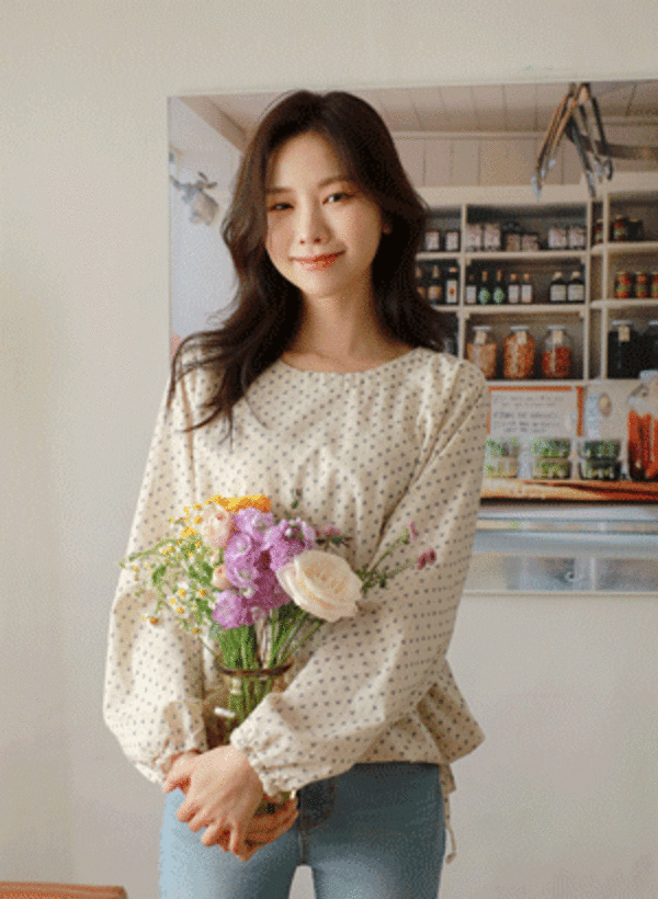 韓國花朵印花繫帶後扣圓領襯衫