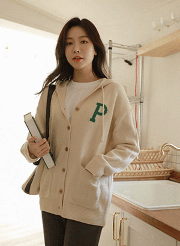 韓國P字母配色針織連帽開衫外套