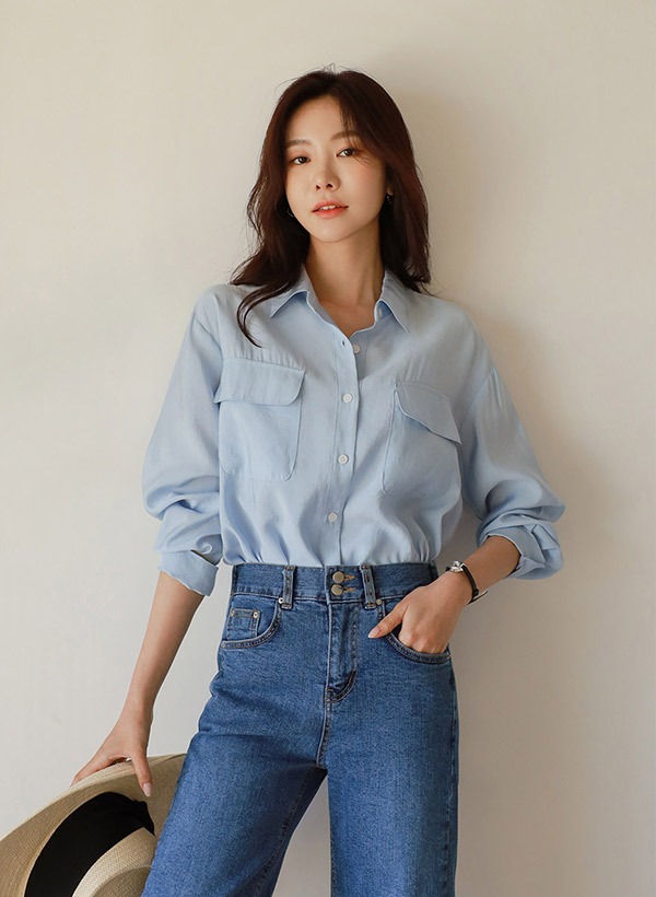 韓國高檔光滑口袋襯衫