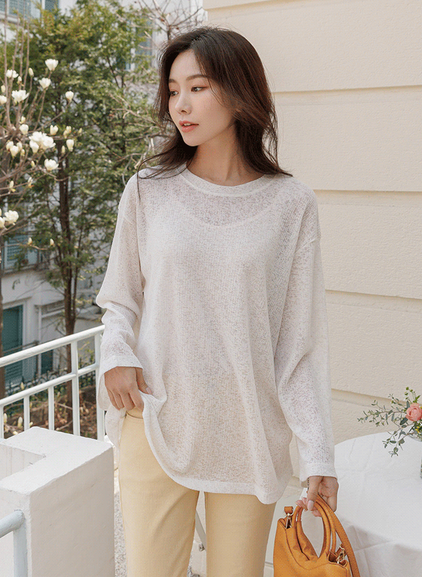 韓國透膚感混亞麻寬袖針織衫