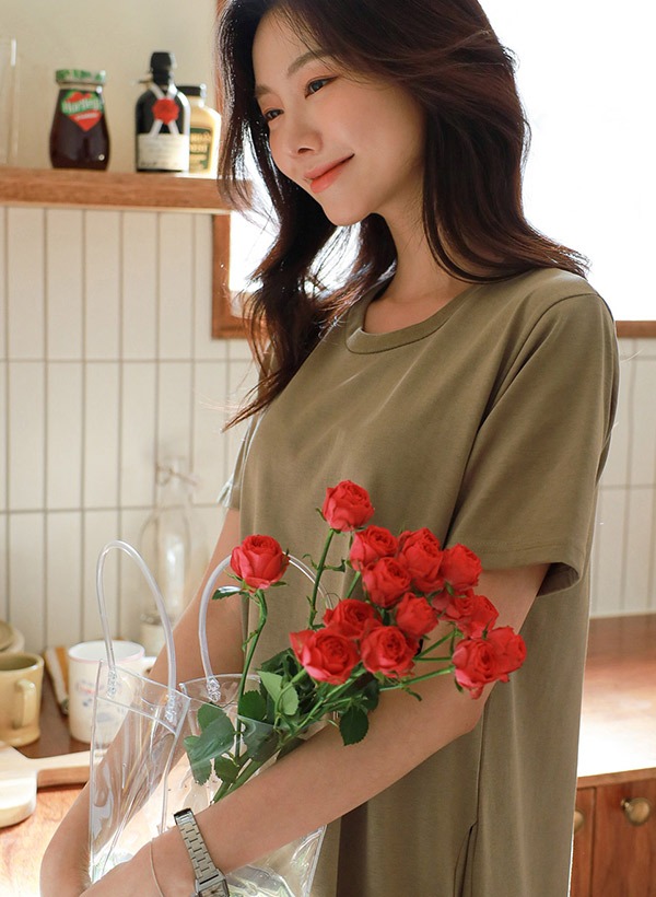 韓國雙層布口袋短袖連身洋裝